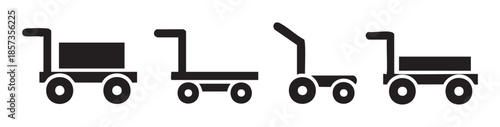 Hand trucks and trolleys icons set collection for logistics, delivery, and transportation services, representing various types of moving equipment.