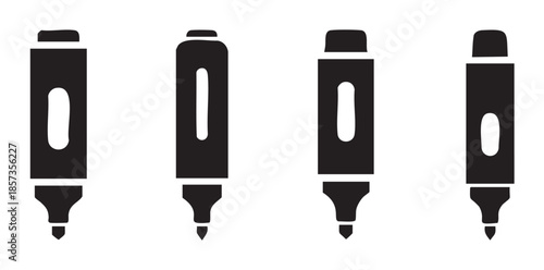 Four black marker pen highlighter icons are displayed in a simple, minimalist vector illustration style, perfect for educational or office supply designs.