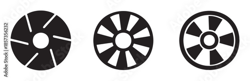 Aperture fan wheel icons set featuring various circular designs with blades or spokes, presented as abstract black and white graphic elements for technology and industrial concepts.
