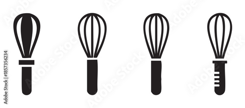 Four kitchen whisks vector icons showcasing various designs for essential baking and cooking utensils, ideal for culinary projects and recipe illustrations.