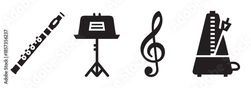 Musical instruments and symbols vector icons set featuring a flute, music stand, treble clef, and metronome, representing various elements of music education and performance.