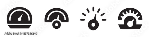 Speedometer gauge performance indicator icons vector collection of black and white illustrations representing measurement, progress, and maximum velocity on a scale.