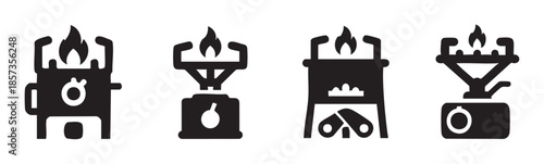 Portable stoves and outdoor cooking equipment icons illustrating various designs suitable for camping, hiking, and wilderness adventures.