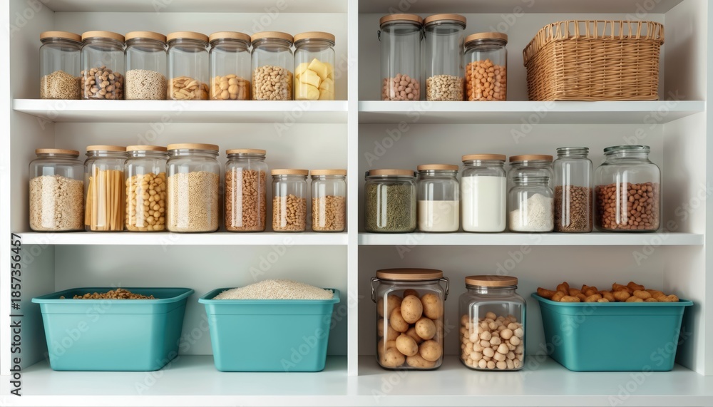 Obraz premium Neatly arranged pantry shelves display clear jars filled with dry food items. Various grains, pasta, beans, nuts, potatoes stored in airtight containers for long term keeping. Kitchen goods organized