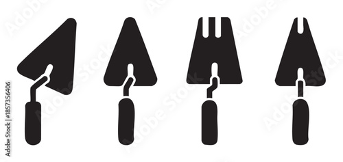 Masonry trowel tools vector icons set illustrating various types of construction hand tools used for spreading mortar, plaster, and adhesives.