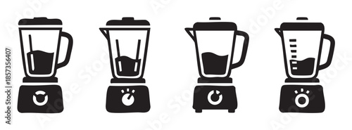 Four black and white blender icons illustrate various kitchen appliance concepts for mixing and preparing food and drinks, perfect for graphic design.