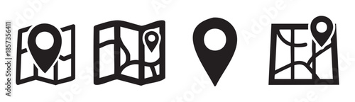 Location map pin navigation pointer symbol set for GPS tracking, travel planning, and finding specific destinations on digital interfaces.