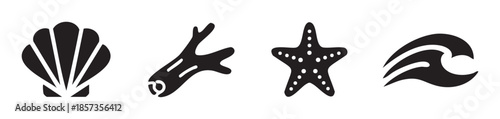 Seashell, driftwood, starfish, and wave icons represent various elements of the ocean and beach environment in a simple graphic style.