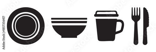 Kitchenware and dining utensils are neatly arranged in a minimalist black and white icon set, representing various mealtime and beverage items.