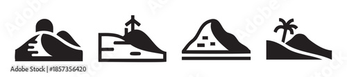 Mountain icons set featuring various stylized peaks, including a path, an upward arrow, abstract elements, and a tropical palm tree.