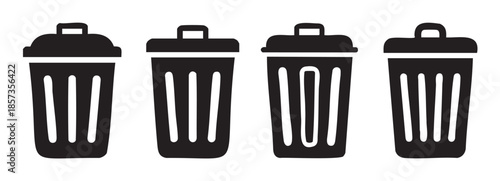Four black silhouette trash cans with lids, symbolizing waste management, recycling, and the digital delete function in a minimalist graphic design.