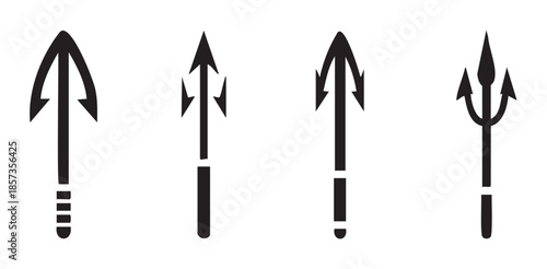 Four distinct black arrowheads and spearheads with various barbed and pointed designs are depicted as simple vector icons, symbolizing ancient hunting and fishing tools.