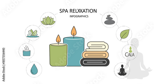 Spa and Relaxation Infographic Elements: Candles, Towels, Lotus, Zen Stones, Yoga