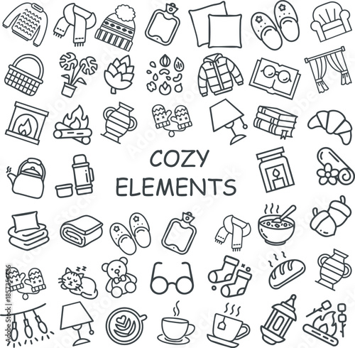 Cozy hygge lifestyle icon set featuring hand drawn vector doodles of warm sweaters, candles, hot cocoa, and home decor. Minimalist winter comfort elements for seasonal design and greeting cards.