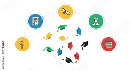 Graduation Caps Flying with Education Icons - Concept of Learning and Achievement