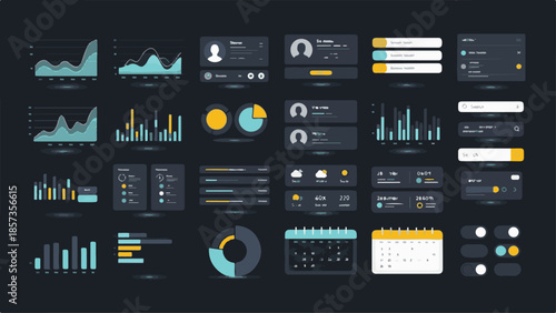 This vector set features a professional audio mixing console interface design with music control panel buttons and UI elements for a modern web app navigation menu