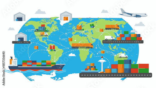 Vector illustration of a city set with cartoon transportation icons featuring a car, bus, train, and ship traveling across a road and sea