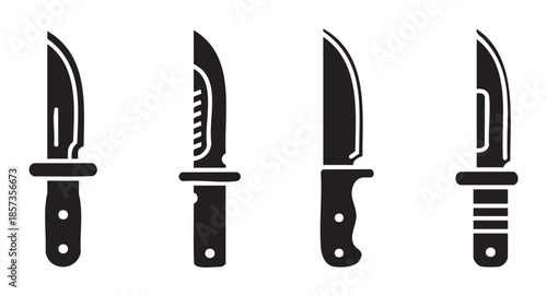 Four different combat knives vector illustrations showcasing various blade and handle designs in a minimalist black silhouette style.