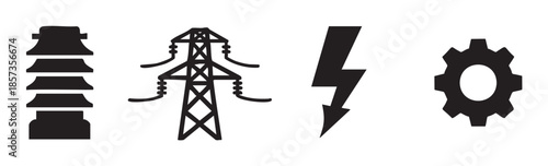 Power and industry related icons including an electrical insulator, transmission tower, lightning bolt, and gear for engineering concepts.
