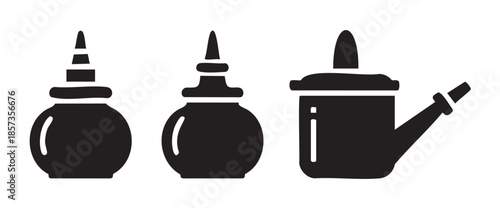 Liquid dispensers and watering can icons representing various tools for gardening, household tasks, and industrial applications in a minimalist black silhouette style.
