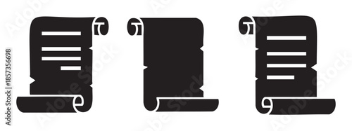 Three black scroll icons with text lines and blank options, symbolizing ancient documents, contracts, or important historical papers.