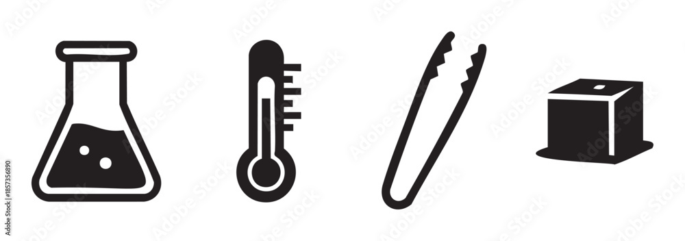 Obraz premium Science tools and laboratory equipment icons including a flask, thermometer, tongs, and a cube, representing various scientific processes and experiments.