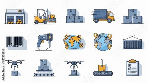 Isolated vector illustration set of yellow construction equipment and heavy machinery icons featuring a truck, tractor, excavator, and bulldozer for industrial transport and road work