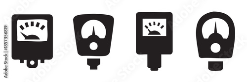 Measuring devices icons set for various applications, including pressure, temperature, and other industrial or scientific measurements, presented in a clean, modern black and white vector style.