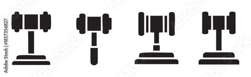 Gavel judge hammer icon symbol law justice is powerfully conveyed through a collection of four distinct black silhouette illustrations on a clean, simple layout.