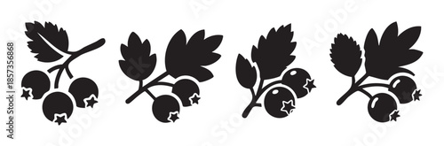 Berry branches with leaves and berries in a simple black silhouette vector illustration set for various design elements and natural themes.