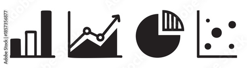 Data charts and graphs vector icons collection representing various statistical analysis, business growth, and financial reporting visualizations for digital use.