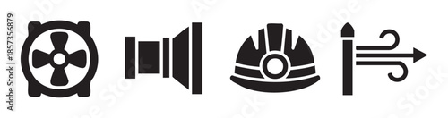 Ventilation, sound, safety, and wind icons are displayed in a simple black and white vector illustration for various industrial and environmental concepts.
