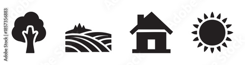 Tree, hills, house, sun, essential nature and home graphic icons symbolizing environment, rural life, and residential living in a clear, minimalist style.