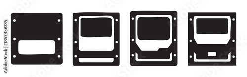 Abstract black rectangular shapes with distinct internal cutouts are presented in a sequential arrangement, symbolizing a technical evolution or interface design.