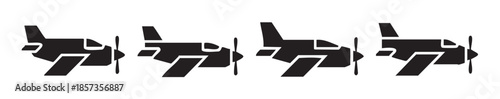 Four black propeller plane icons arranged horizontally in a row, symbolizing air travel, aviation, and various forms of transportation and flight.