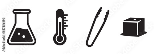 Science tools and laboratory equipment icons including a flask, thermometer, tongs, and a cube, representing various scientific processes and experiments.