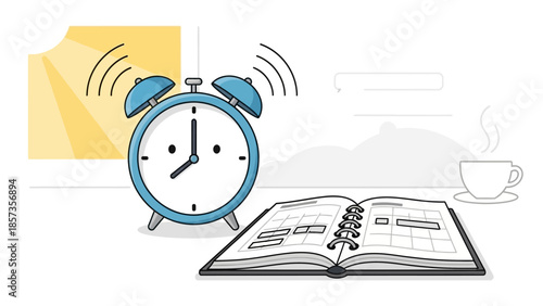 Timely Morning Study Scene with Alarm Clock and Notebook.
