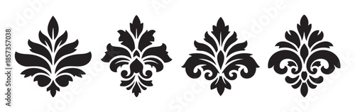 Ornate floral damask elements set of four elegant black vector illustrations featuring classic decorative patterns suitable for various design projects.