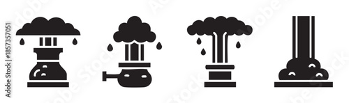 Industrial pollution icons depicting various environmental impacts and emissions from factories, including acid rain and heavy smoke, illustrating ecological concerns.