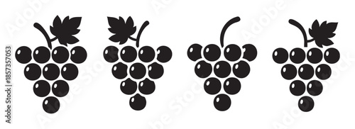 Grape bunches vector icons are presented as simple black silhouettes, featuring both with and without leaves, ideal for wine-related designs.