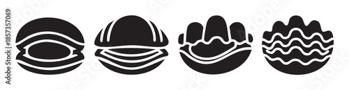 Abstract organic shapes with various lines and patterns representing natural elements like earth, mountains, and water, depicted in a minimalist black and white graphic style.