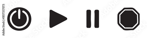 Media player control icons set for digital interfaces, including power, play, pause, and stop functions, essential for user experience design and web applications.