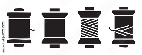 Four spools of thread and yarn icons representing various sewing and crafting supplies in a minimalist black and white illustration.