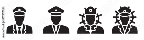 Four uniformed professionals icons representing various service occupations and maritime roles, including officers and ship captains, depicted in a clean black and white vector style.