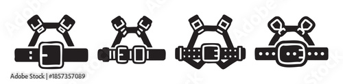 Safety harnesses and buckles vector icon set collection showcasing various designs for security and protection equipment in black and white.