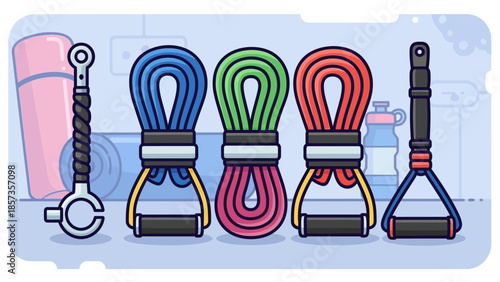 Colorful Bungee Cords with Hooks on Bricked Wall Display.