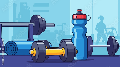 Gym Equipment and Hydration Cup Ready for Workout.