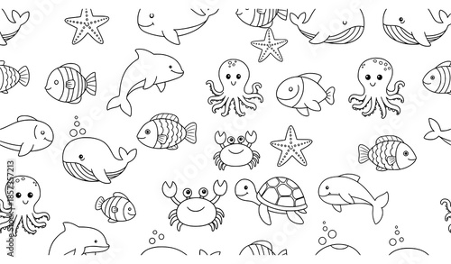 Cute sea animals seamless doodle pattern vector for kids coloring and preschool activities