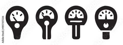 Four stylized black and white gauges with pointers indicating various levels are displayed in a row, representing different measurement tools.