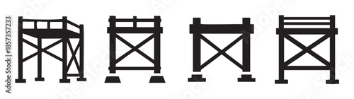 Four black structural supports, towers, and frameworks in silhouette form a minimalist graphic design element or architectural illustration.